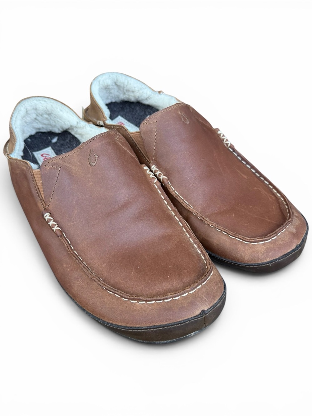 OluKai Moloa Slippers Men’s‎ 12 Brown Leather Shearling Lined Loafers
